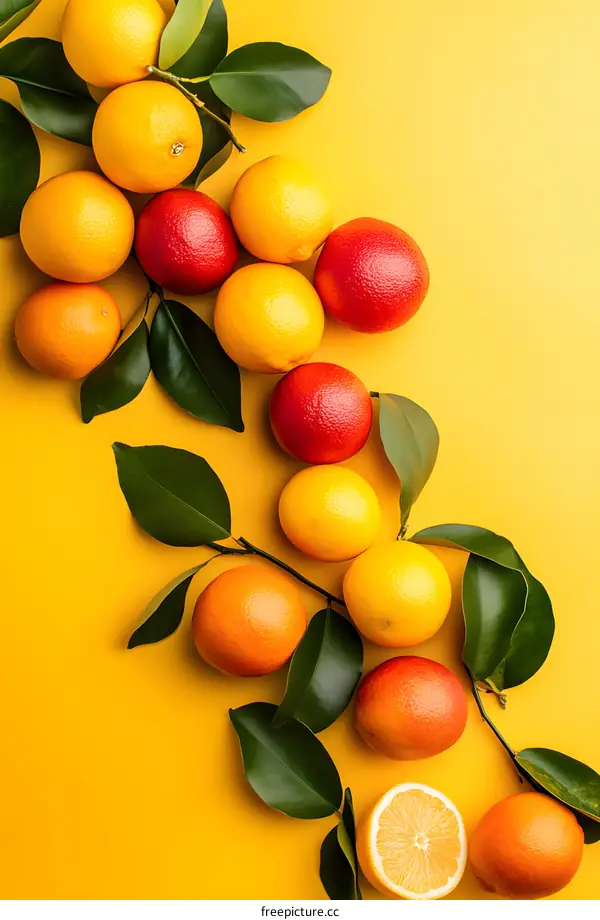 Fresh Orange Fruits with Green Leaves on Yellow Background