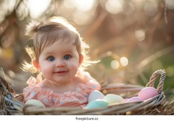 Adorable Baby Girl in Easter Basket with Colorful Eggs