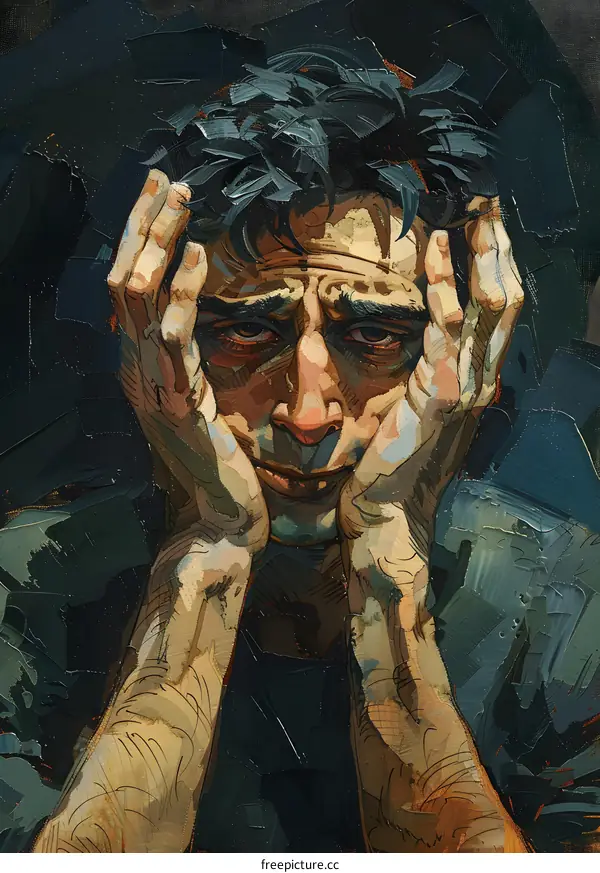 Portrait of a man with dark hair and beard, wearing a black shirt and holding his head in his hands