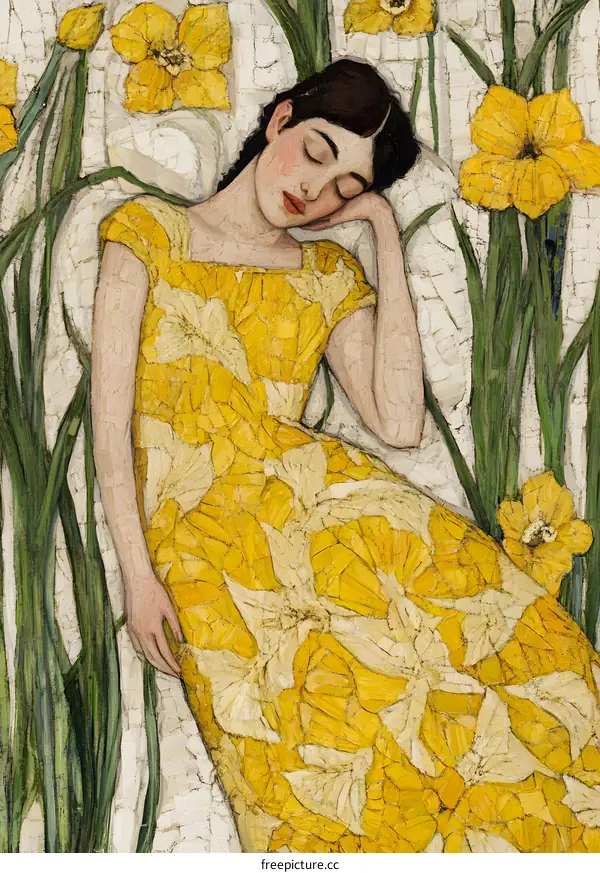 Woman in Yellow Dress Sleeping in Field of Daffodils