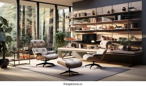 A stylish living room with a large bookshelf and two armchairs