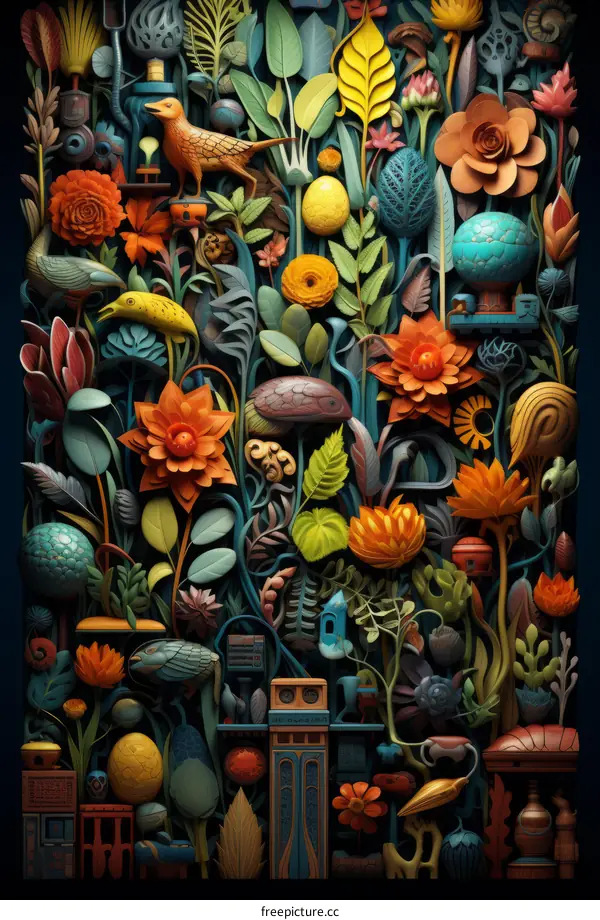 An Illustration of a Flourishing Garden Abundant in Flowers, Plants, and Birds