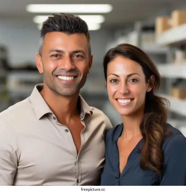 Smiling man and woman standing close together