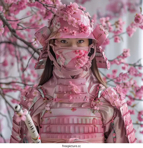 A Woman in Pink Samurai Armor with Cherry Blossoms