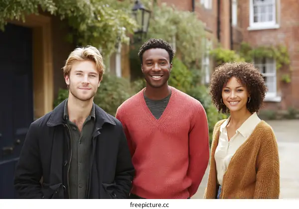 Three diverse people standing together outdoors