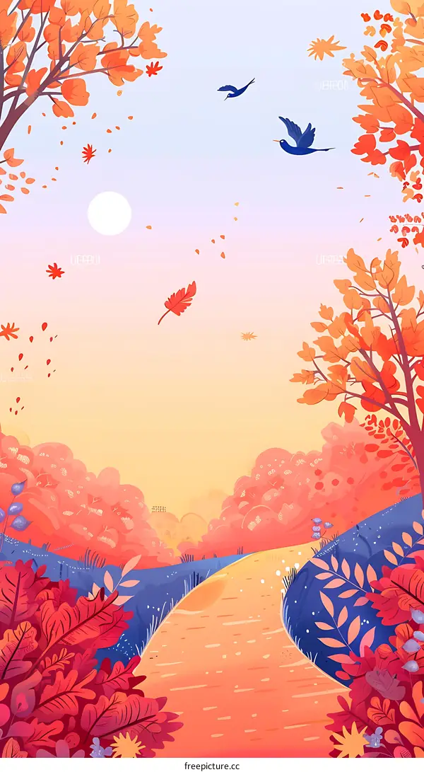 Autumn Landscape Illustration With Birds Flying Over