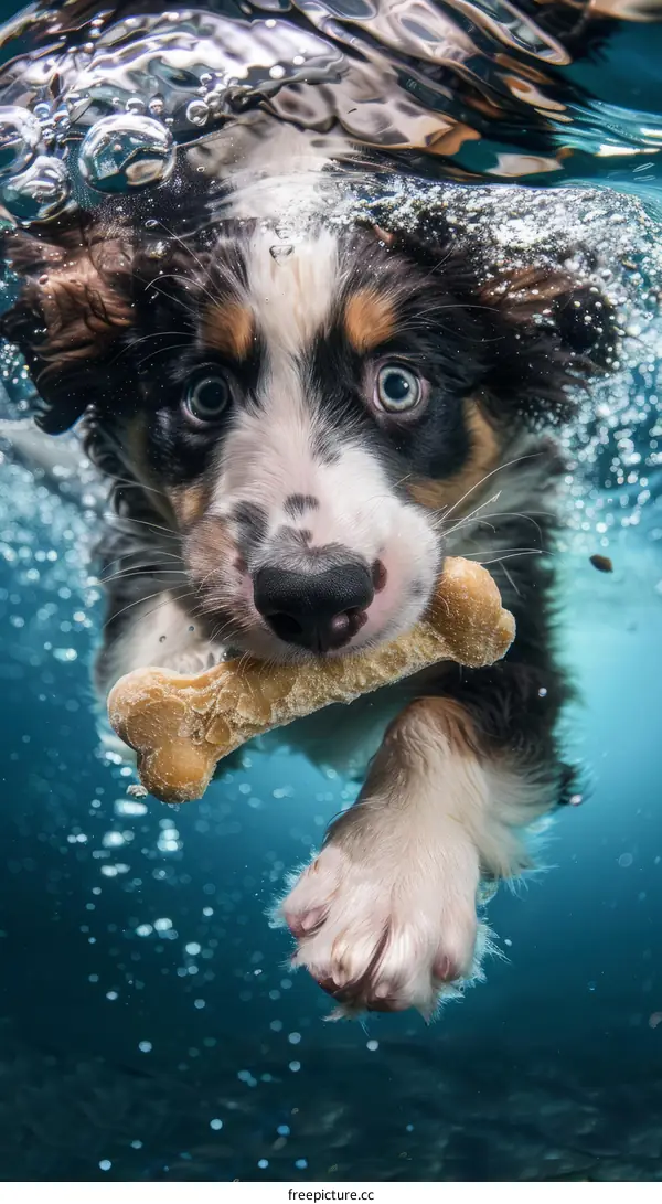 An Australian Shepherd puppy playing fetch underwater