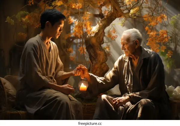 Generational Connection: An Elderly Man and Young Man on a Bench