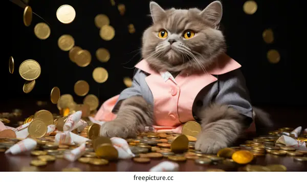 Rich cat sitting on a pile of money