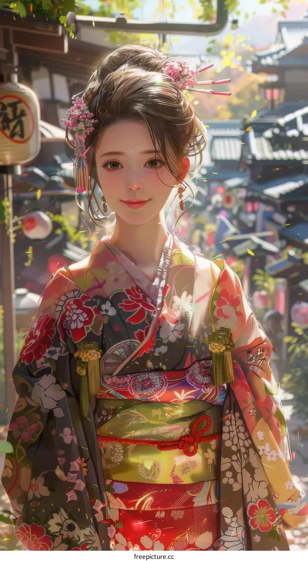 An Asian woman wearing a kimono is standing in a street with a blurred background.