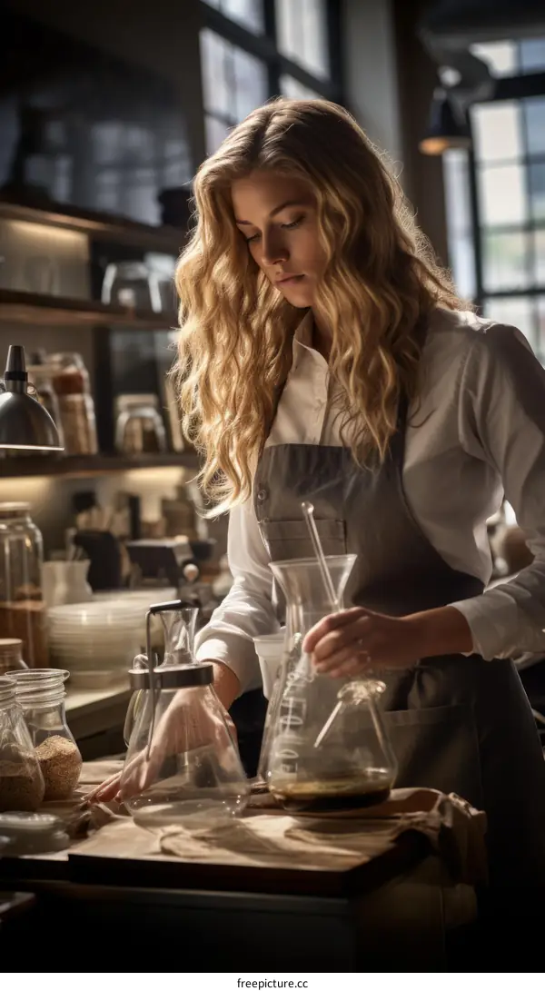 Focused Blonde Woman Wearing Apron Working in Cafe