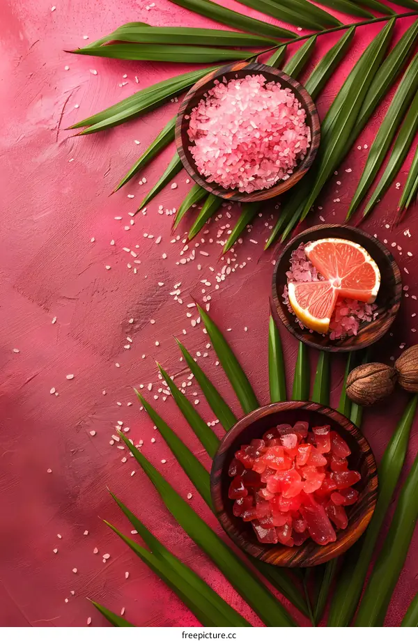 Pink Himalayan Salt and Palm Leaves on Red Background