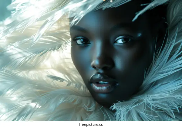 A dark-skinned woman wearing a white feather headdress