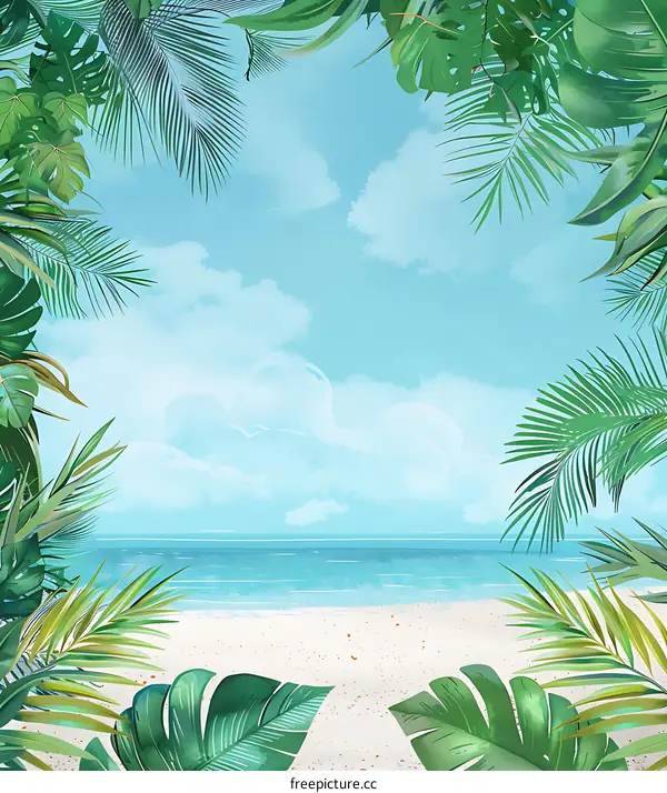 Tropical Beach Landscape With Lush Green Palm Leaves