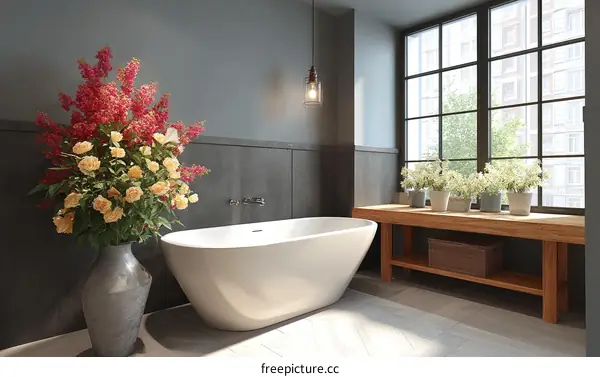 Modern Farmhouse Bathroom with Flowers and Tub