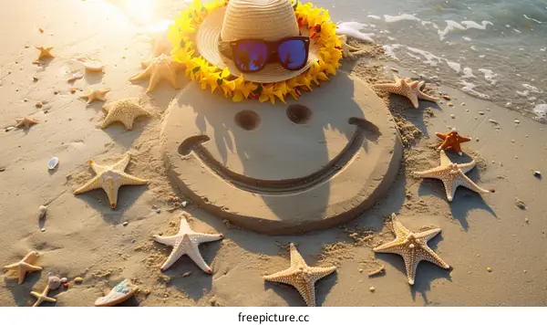 Sand art of smiley face with straw hat and sunglasses on the beach