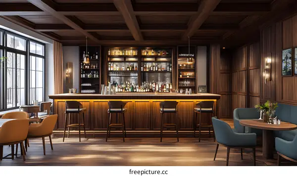 Modern Bar Interior with Wooden Ceiling and Bar Stools