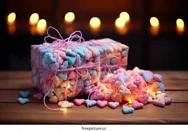 Two wrapped gifts with pink ribbon and string lights