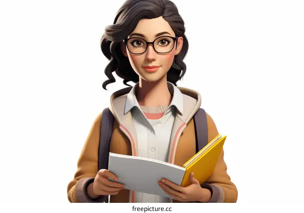 Illustration of a young woman wearing glasses and holding a book