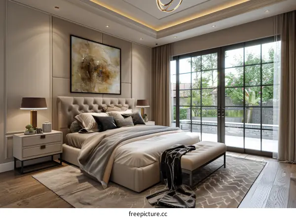 Modern Minimalist Bedroom with Bay Window and Balcony