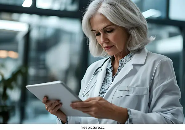 Senior Female Doctor Using Tablet in Hospital