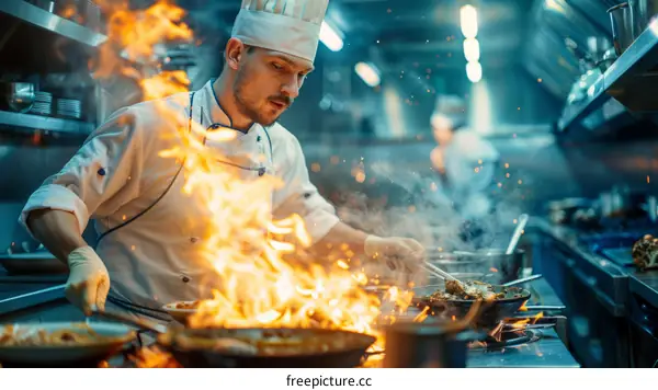 Professional chef cooking with fire in a commercial kitchen