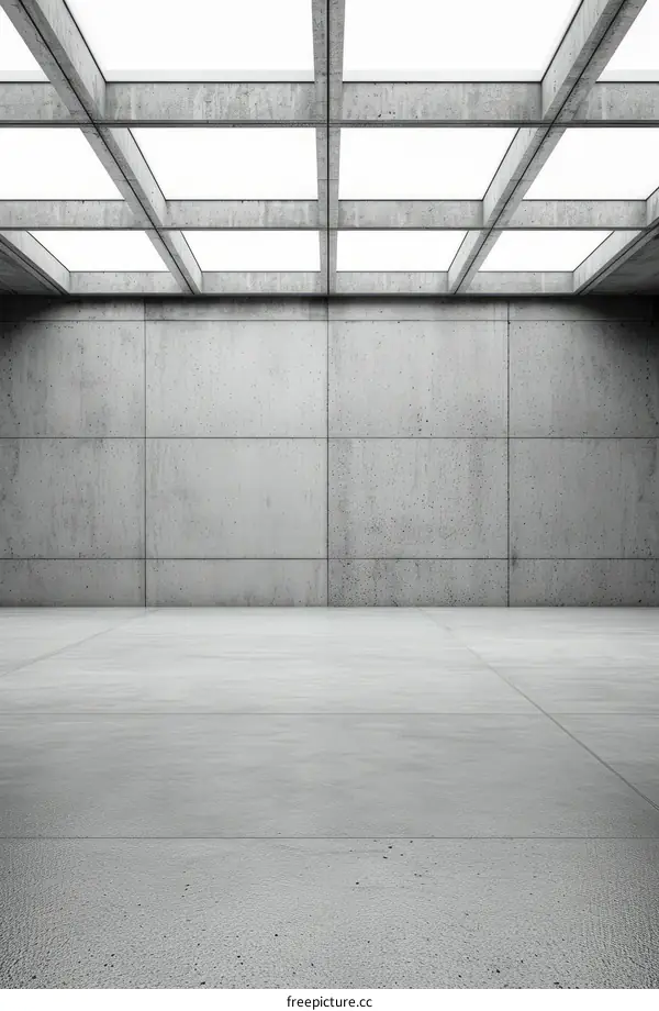 Modern empty concrete room with bright lights on the ceiling