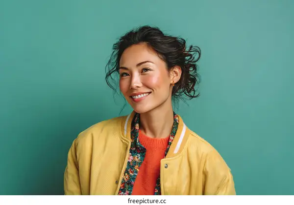 Smiling Asian Woman in a Mustard Yellow Jacket