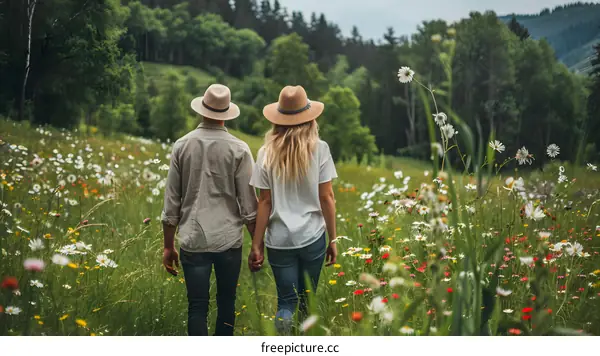 Couple Walking Through Field of Wildflowers
