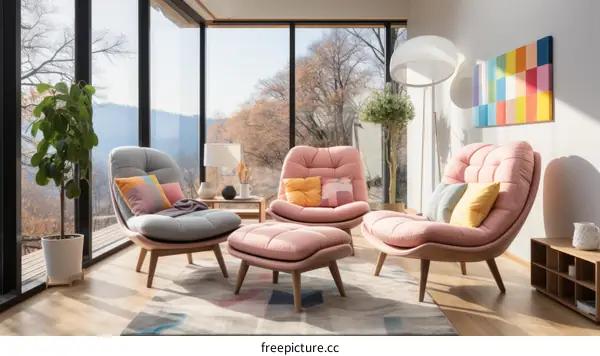 A beautiful living room with a large windows and a colorful painting