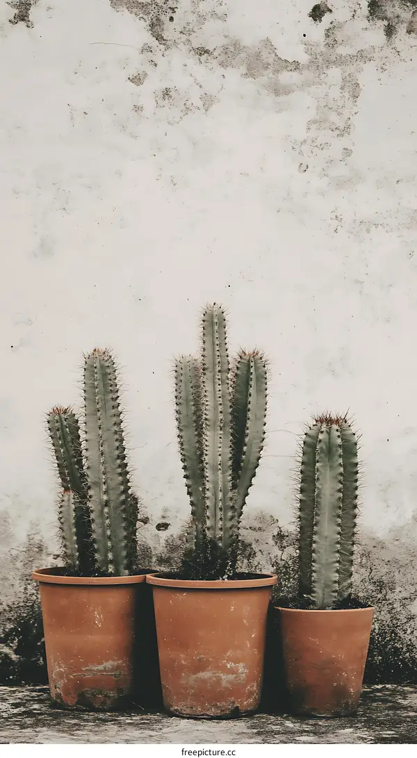 Three Cactus Plants Against A Weathered Wall