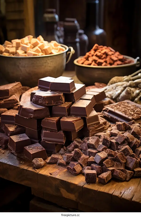 A variety of chocolate bars and pieces on a wooden table