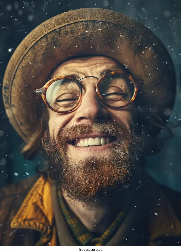 Smiling Man with a Beard in a Hat and Glasses in Winter