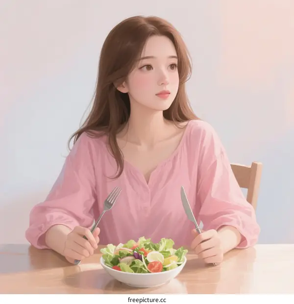 A Young Woman Sitting at Table Eating Fresh Green Salad