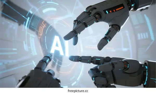 Robotic Hands Interacting with Digital AI Interface in Futuristic Setting