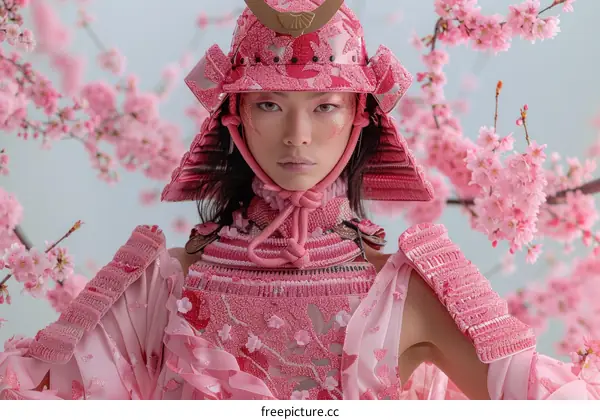 Pink Samurai Warrior Woman in Cherry Blossom