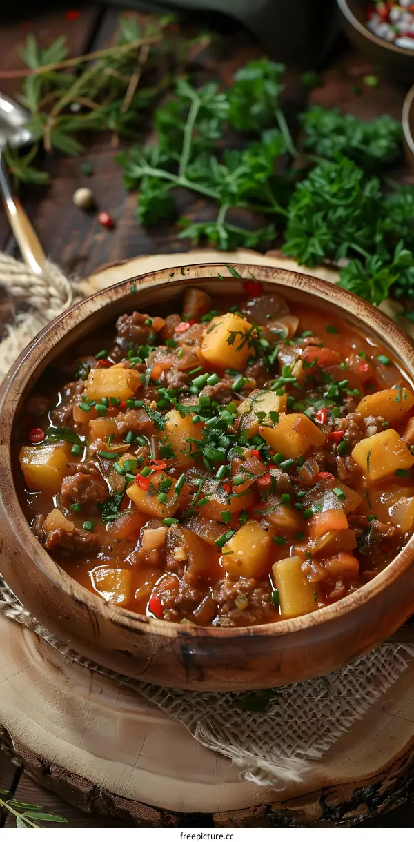 Closeup of a Wooden Bowl of Beef Stew