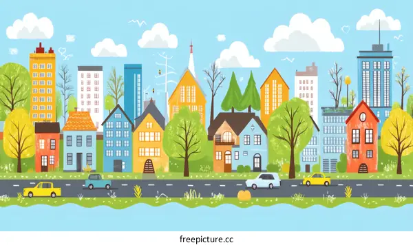 Colorful Cityscape Illustration with Homes and Cars