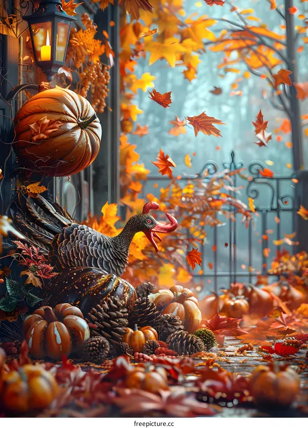 A turkey sits in a pile of pumpkins and fall leaves with a lantern on the side