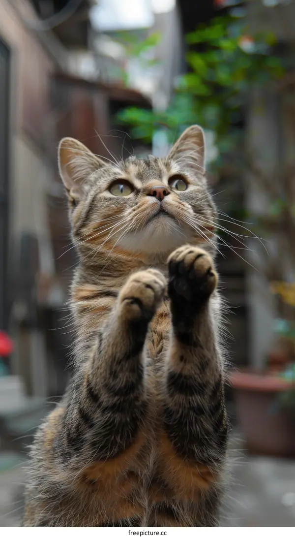 Curious Cat Standing on Ground with Paws Up