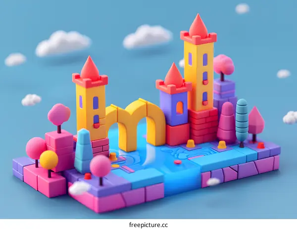 3D illustration of a colorful castle made of blocks