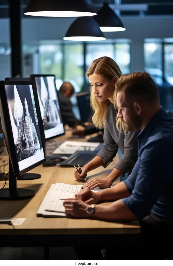Two engineers discussing 3D model of a building on computer