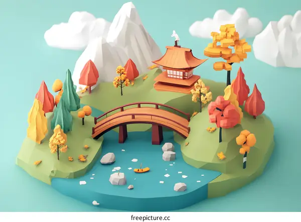 Low Poly 3D Illustration of a Japanese Garden with a Bridge and Mountains