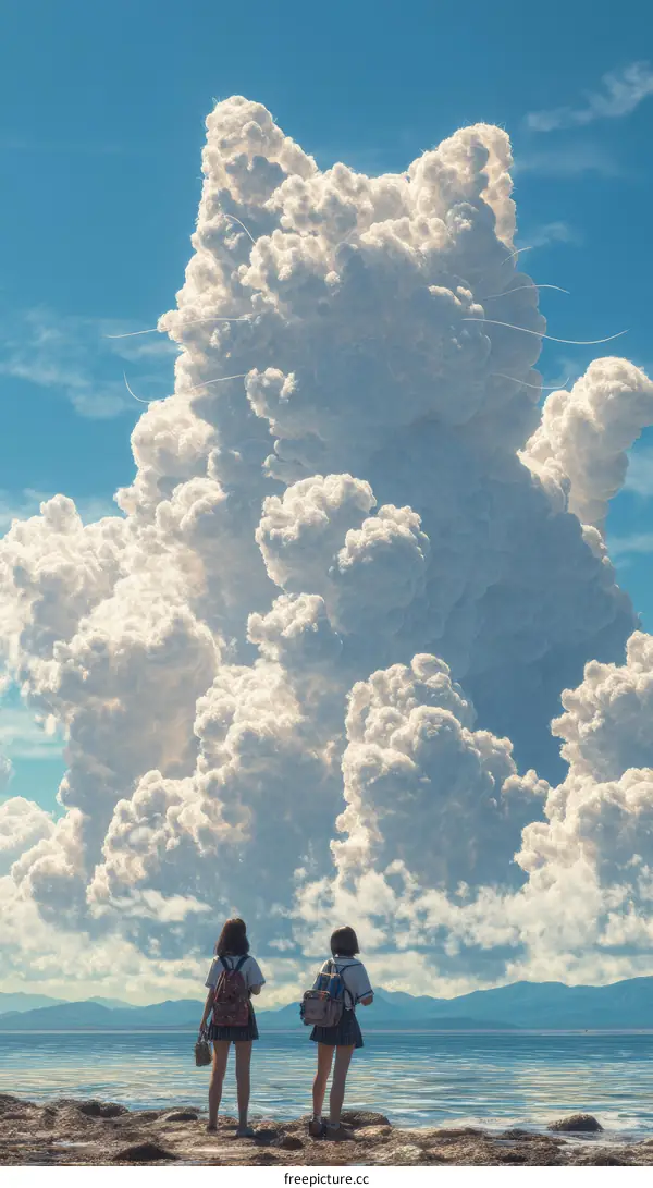 Two Girls Stand in Front of Huge Cat Cloud Illustration