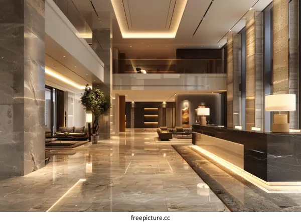 Modern hotel lobby interior with marble floor and luxury furniture