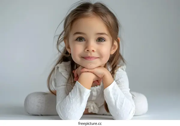 Cute Little Girl in White Smiling with Hands on Chin