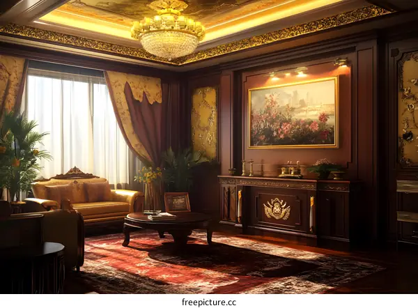 Luxurious Living Room Interior Design With Gold Accents and  A Chandelier