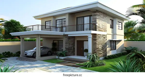 Modern Two Story House With Garage And Garden