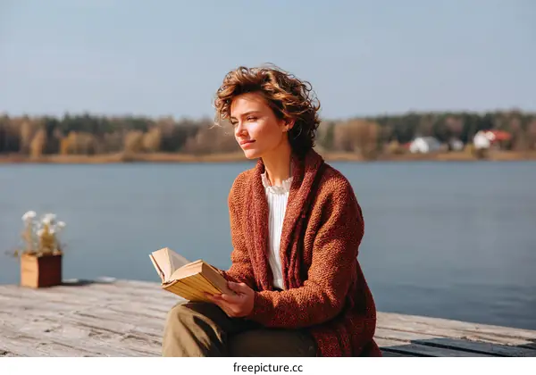 Woman Reading a Book by the Lakeside