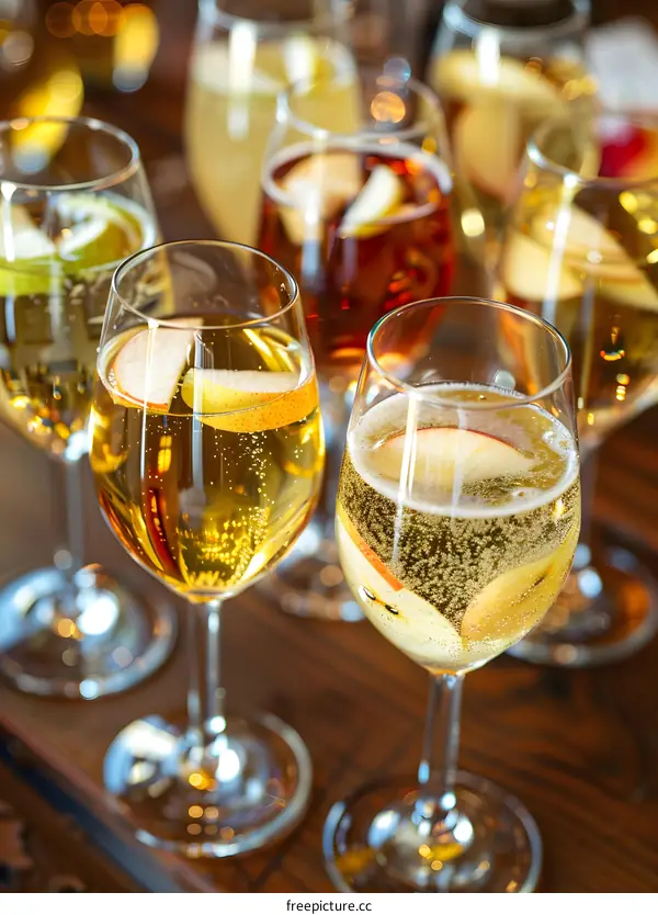 Sparkling Apple Cider in Glasses on Wooden Surface